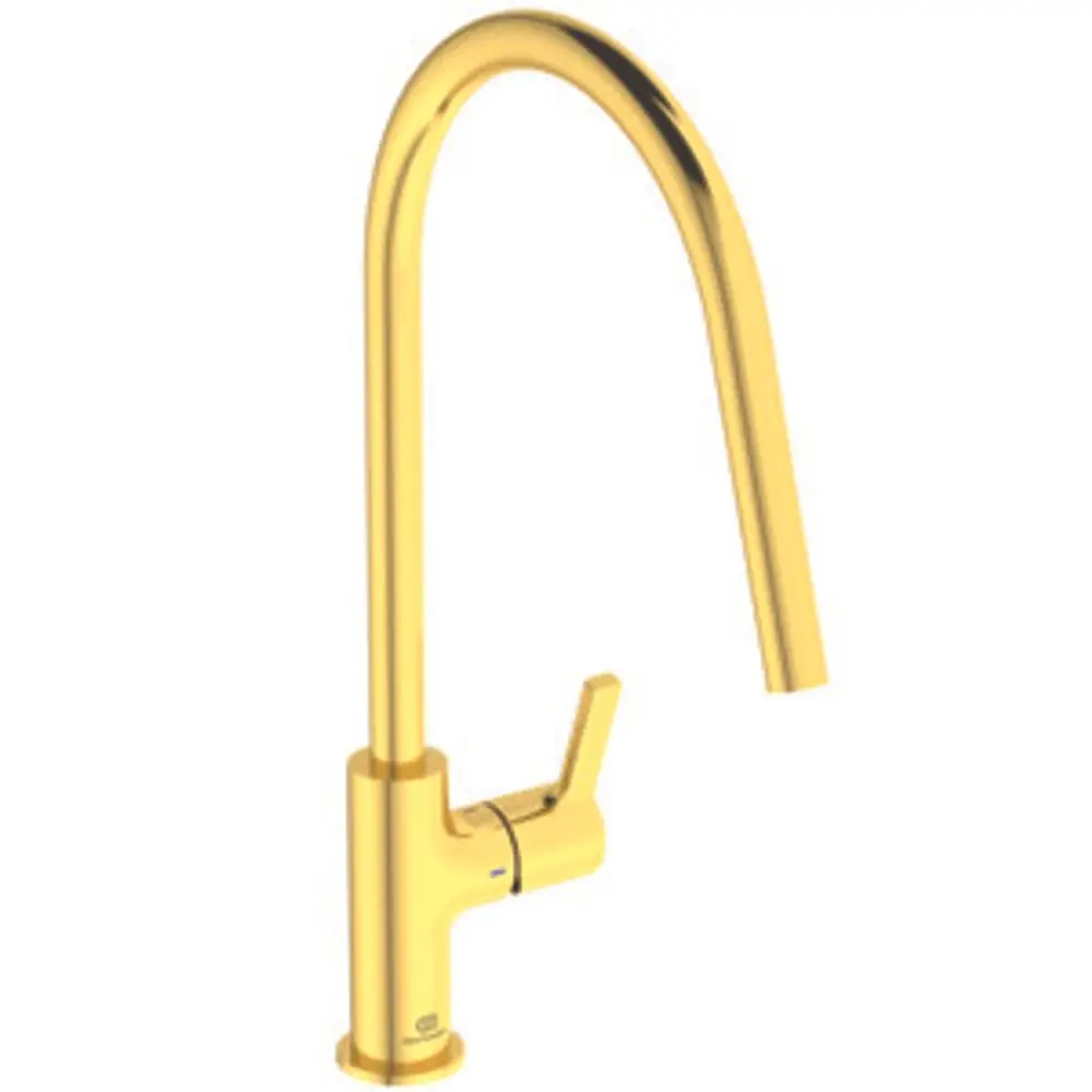 Goldfarbene Küchenarmatur von Ideal Standard mit hohem, geschwungenem Auslauf und einem seitlichen Hebel zur Wassersteuerung.